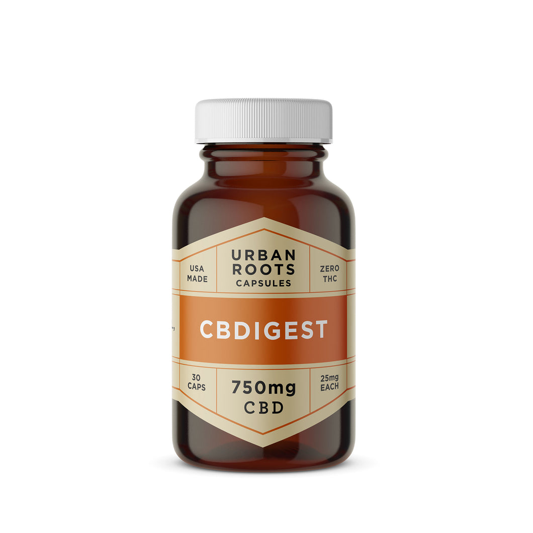 Urban Roots CBD CBDigest Capsules. A smooth blend of natural herbs, coconut (MCT) oil, and CBD formulated to help digestion, IBS symptoms, and general stomach aches.