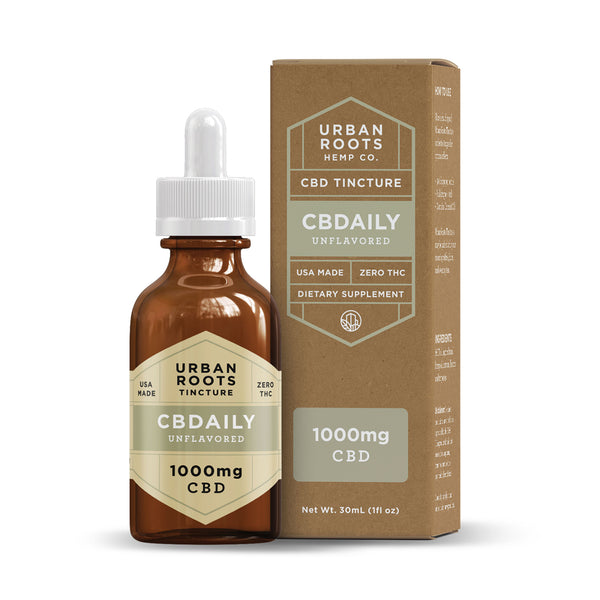 Urban Roots 1000mg CBD CBDaily Tincture. An unflavored blend of coconut (MCT) oil and pure CBD formulated for daily use to decrease inflammation, improve mood, and restore the body.